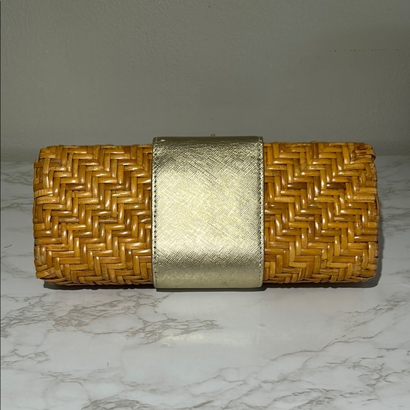 Tory Burch Gold and Tan Rattan Wicker Clutch RARE Collectible Luxury - Picture 3 of 11